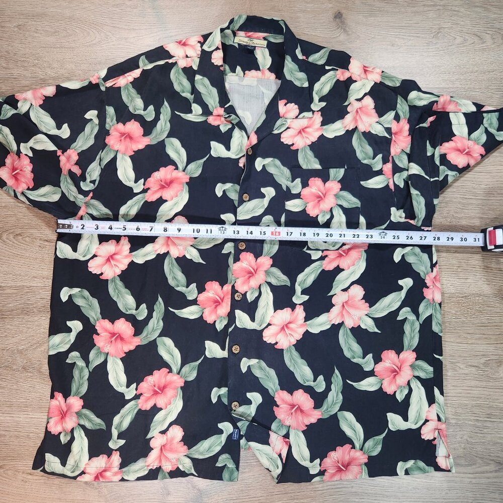Tommy Bahama Shirt 100% Silk Black Pink Hibiscus XL Fits Like 3XL 4XL 28" PTP - Picture 8 of 9